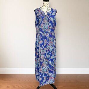 Talbots 16P Blue Paisley Maxi Dress Sleeveless V-Neck Flowy Boho Resort Travel